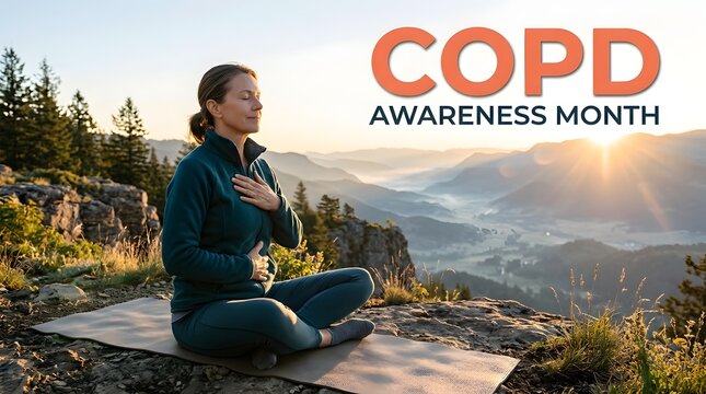 Woman practicing yoga for COPD Awareness Month on mountain cliff with sunset