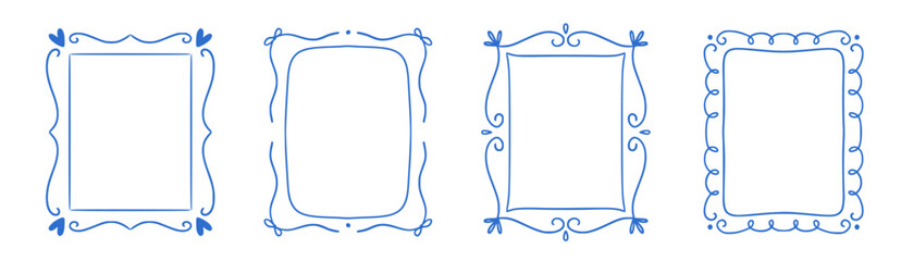 Fototapeta na wymiar Frame border line hand drawn set. Wavy doodle frame border line rectangle for wedding card menu invitation. Vintage bow ribbon scallop decorative ornament lace whimsical holiday. Vector