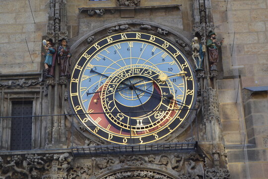 Prague astronomical clock orloj closeup of ornate zodiac and time dial for historical landmark background and educational banner design