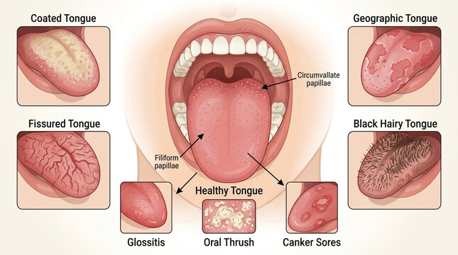 Oral Health Conditions Tongue Anatomy Geographic Coated Fissured Hairy Glossitis Thrush Canker Sores