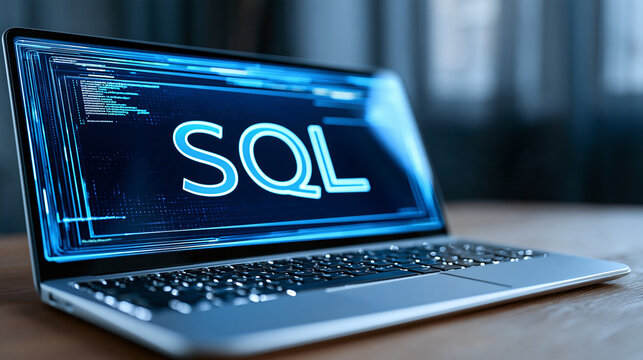 Dark blue technology background with the word SQL represented on a laptop screen above a keyboard, clean modern composition, database language, programming course, coding