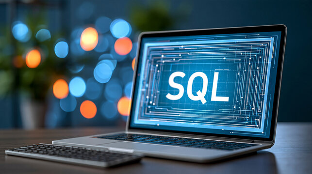 Dark blue technology background with the word SQL represented on a laptop screen above a keyboard, clean modern composition, database language, programming course, coding