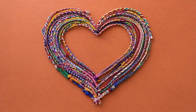 Heart shape made from colorful woven friendship bracelets on orange background symbolizing connection and togetherness