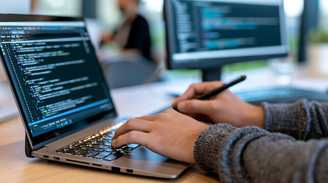 Close-up of hands writing JavaScript code on a laptop while a second monitor displays a web application preview, frontend and backend development, responsive website design,