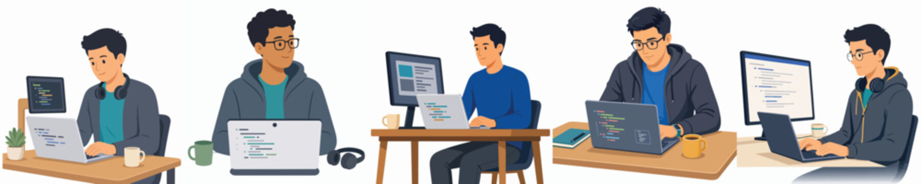 Vector illustration set of software developers at work, on a white background