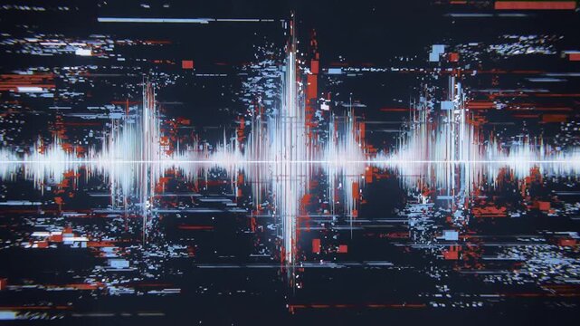 Pulsing white audio wave growing spike on dark canvas, scanlines starting and red blue tiles rising