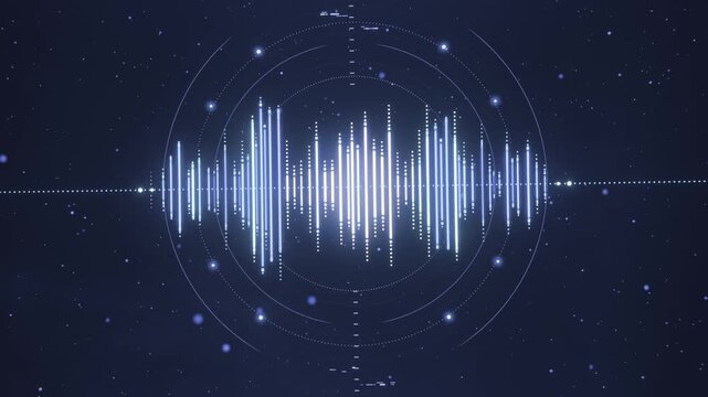 Visualizing audio peaks, pulsing waveform after line shift in blue space near glowing orb HUD rings