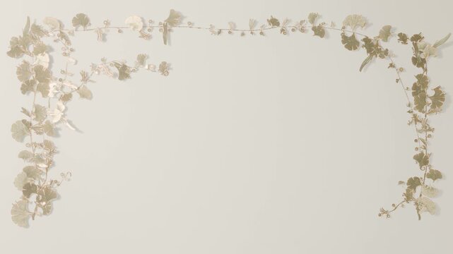Growing botanical border from left vine fragment across cream backdrop, with buds framing center