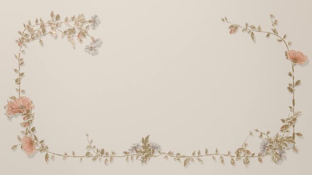 Starting tiny speck, vines and buds growing into floral frame on cream backdrop with pink roses