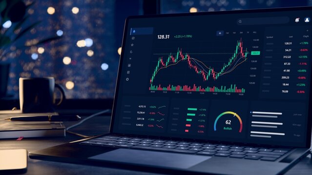 Laptop is showing trading dashboard in 3D render with candlesticks, volume, bullish gauge, mug