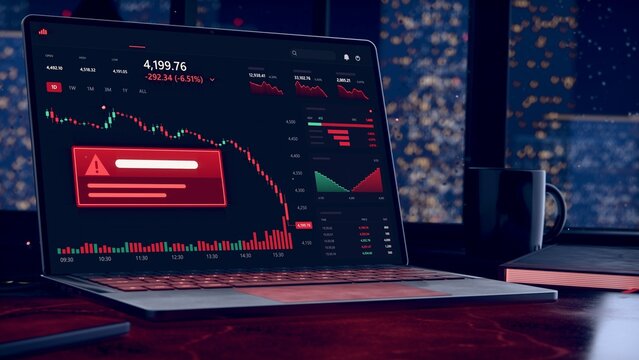 Flat design laptop is showing trading dashboard with red candle alert, mug, notebook, phone