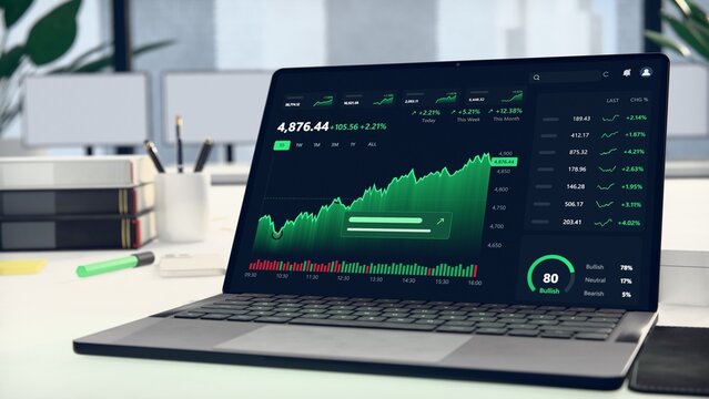 Open laptop is displaying 3D render financial dashboard on white desk, showing green upward chart