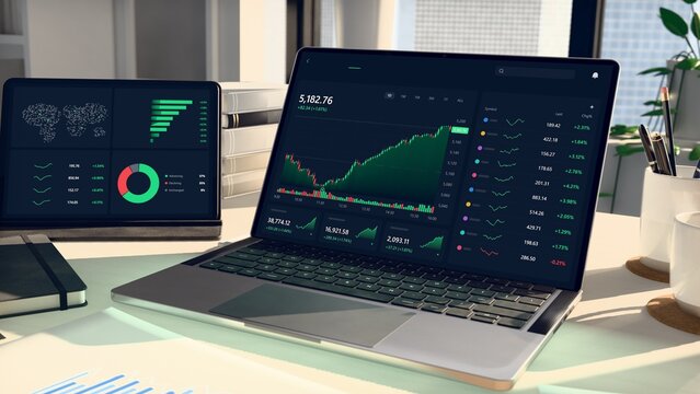 Silver laptop is showing dark financial dashboard with green upward chart in flat desk scene