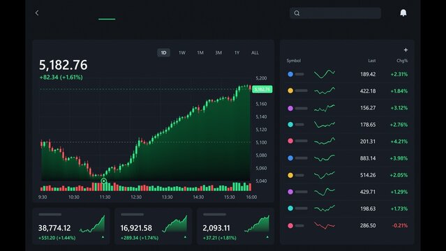 Intraday candlestick chart is showing dark flat trading app with volume bars, sidebar