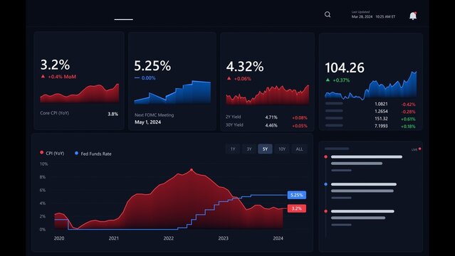 Financial dashboard UI is displaying dark flat design with metric cards CPI-Fed Funds chart