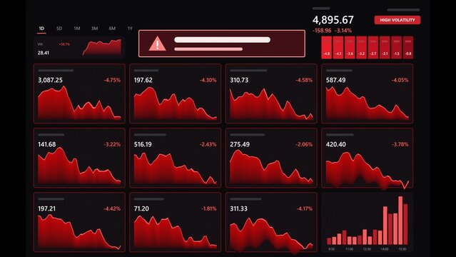 Dark-themed trading dashboard is showing 12 red area charts in 3x4 grid, with HIGH VOLATILITY badge