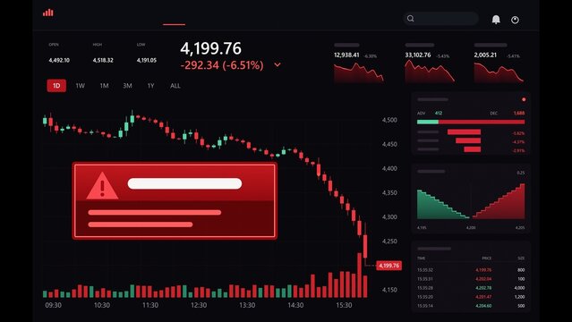 Dark-themed flat trading dashboard is showing falling candlestick chart with red alert price label