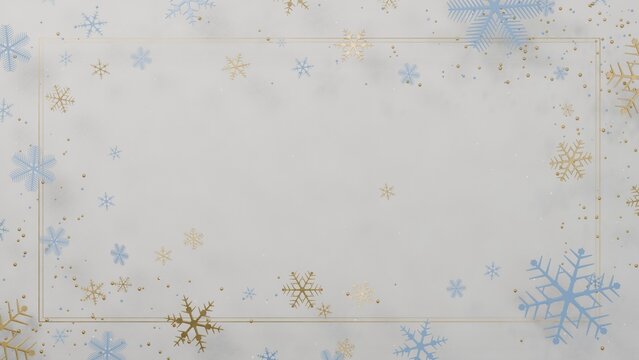 Decorative gold frame winter border is featuring flat art with blue and gold snowflakes, copy space