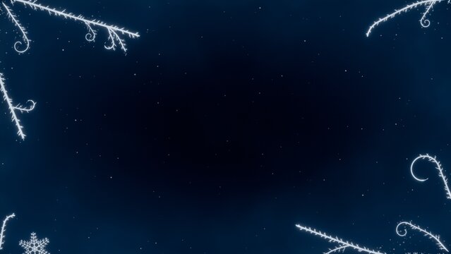 Central starry night sky is being shown in flat design, with frosted branches, snowflake