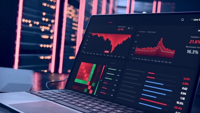 Laptop is displaying dark-mode financial dashboard in 3D render, with red charts heatmap neon racks