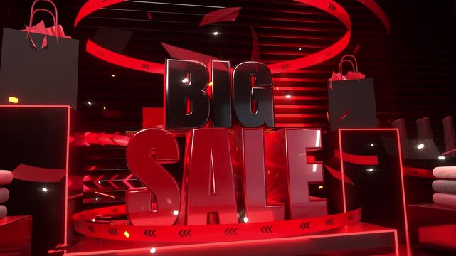 Emerging stacked 3D BIG above SALE assembling on promo as glowing ring sweeping