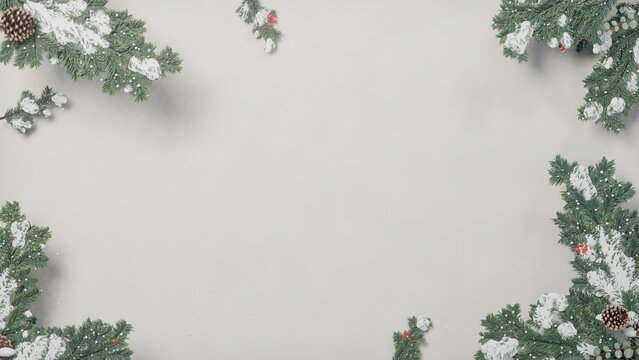 Snow-dusted evergreen border is framing beige flat lay, with pinecones and red berries, copy space