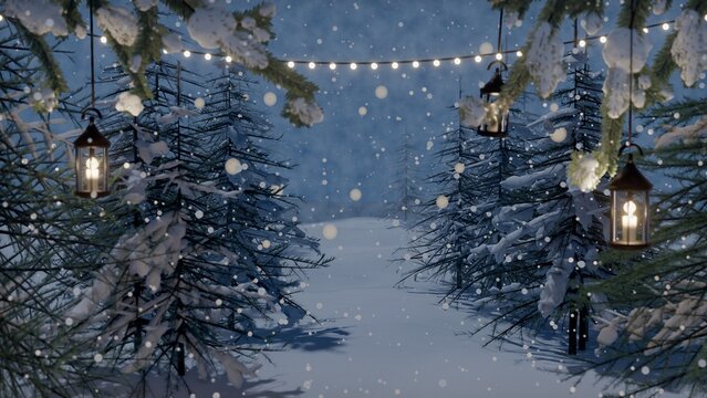 Central cleared snow path is appearing in flat design forest with hanging lanterns and globe lights
