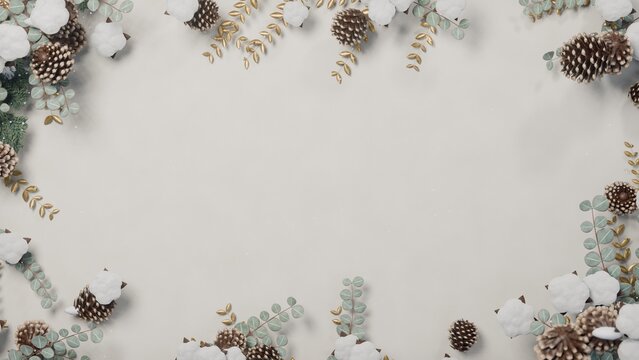 Central blank space is being framed in flatlay beige frame, pine cones, eucalyptus, copy space