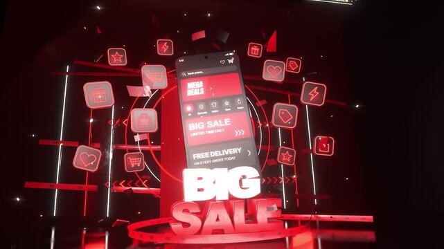 Starting promo sequence smartphone rotating on dark studio stage, revealing BIG SALE and icon tiles