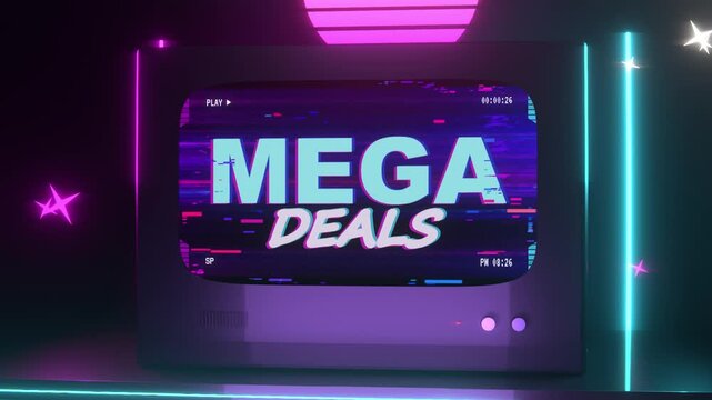 PLAY UI appearing, glitching retro CRT display promoting MEGA DEALS in dark set, neon bars