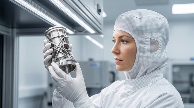 Startup founder examining 3D-printed metal part in cleanroom