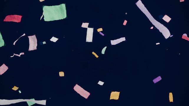Drifting confetti and ribbons entering top-left tumbling across navy backdrop forming festive scene