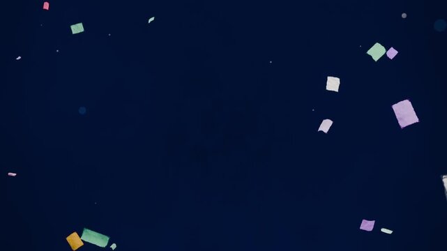 Entering from edges, confetti, purple red ribbons drifting across navy scene with bokeh