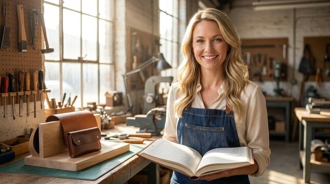 Craft Business Owner Reviewing Accounting Ledger in Workshop