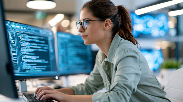 Innovative developer working at a workstation with AI-assisted coding tools and a web design interface displayed on multiple screens, modern software studio, artificial