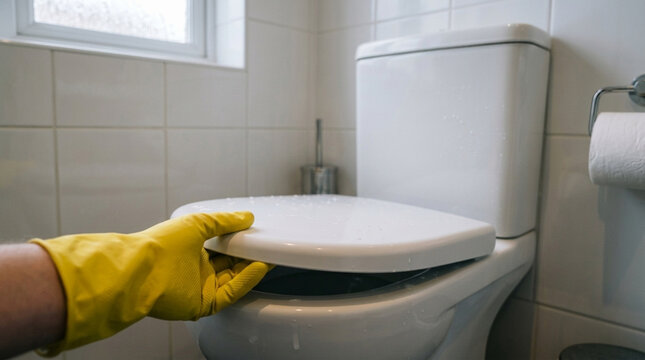 Hand wearing yellow glove closing toilet lid bathroom hygiene and cleaning concept