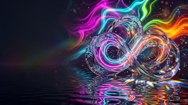 Infinity symbol crafted from crystal glass with vibrant neon light waves looping through the center against a dark reflective surface.