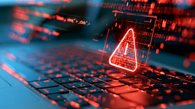 Cybersecurity concept featuring a computer keyboard, database code and a digital warning interface indicating a possible SQL injection attack, data breach prevention, web