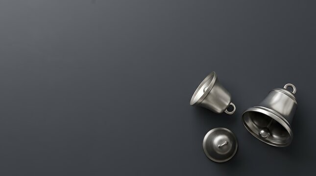 Antique silver bells resting on a dark gradient background with space for text