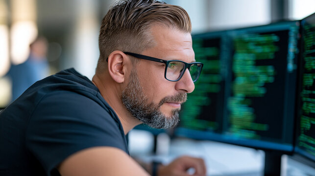 Technology team member reviewing code quality metrics and automated test results on a computer screen, professional development environment, software quality assurance, code