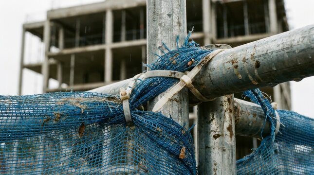 Close-up view of blue safety netting secured to metal scaffolding poles on a construction site with an unfinished building in the background, concept of construction and safety