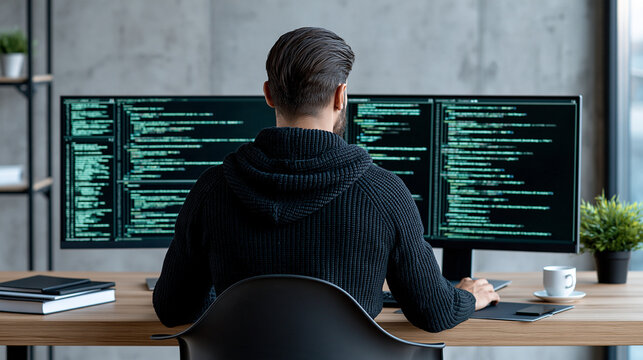 Rear view of an unrecognizable male programmer working on PHP scripts and SQL database queries at a minimalist workstation with concrete walls, backend development, web
