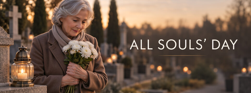 Elderly woman holding white flowers in cemetery at dusk. All Souls' Day remembrance banner with lit candle and text