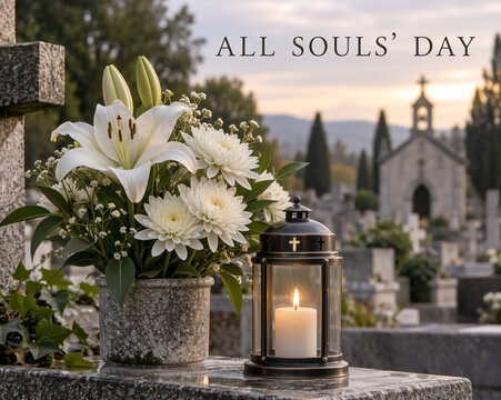 White lilies and lit candle lantern on a granite tombstone in a cemetery. Blurred graveyard and stone chapel in the background. All Souls Day text