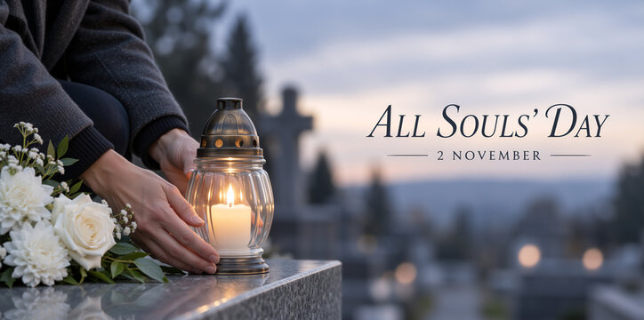 Hands placing a lit candle in a lantern on a tombstone with white flowers. Blurred cemetery at dusk. All Souls Day 2 November text banner