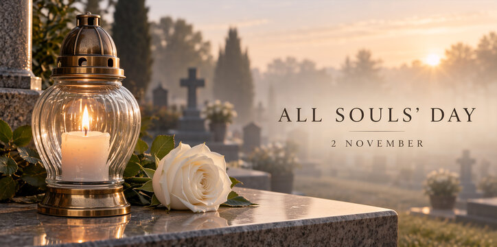 Lit candle in a glass lantern and white rose on a tombstone. Misty cemetery at sunrise in the background. All Souls Day 2 November text banner