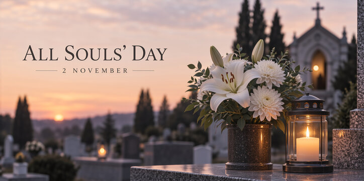 White lilies and lit candle lantern on a tombstone in a cemetery at sunset. Graveyard with chapel in the background. All Souls Day 2 November text banner