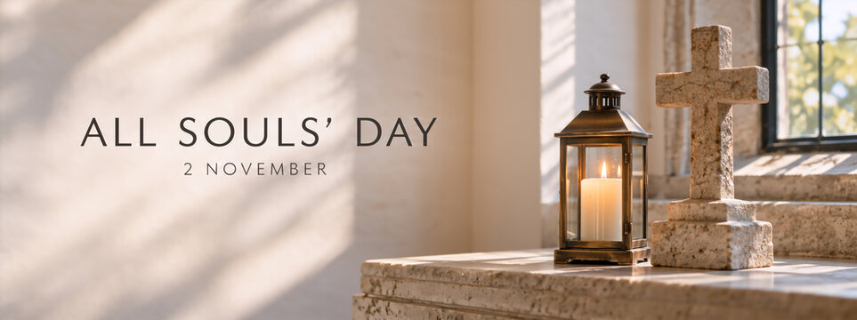 Lit candle in a metal lantern and stone cross on a ledge. Sunlight casting shadows on a wall. All Souls Day 2 November text banner