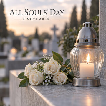 White roses and a lit candle in a lantern on a tombstone in a cemetery at sunset. All Souls' Day text overlay for November 2 memorial