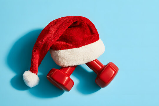 A festive sports photo shoot featuring dumbbells in a red Santa hat on a blue backdrop. Celebrates the holiday season and new year with fitness, workout, and healthy living themes. Encourages more exe